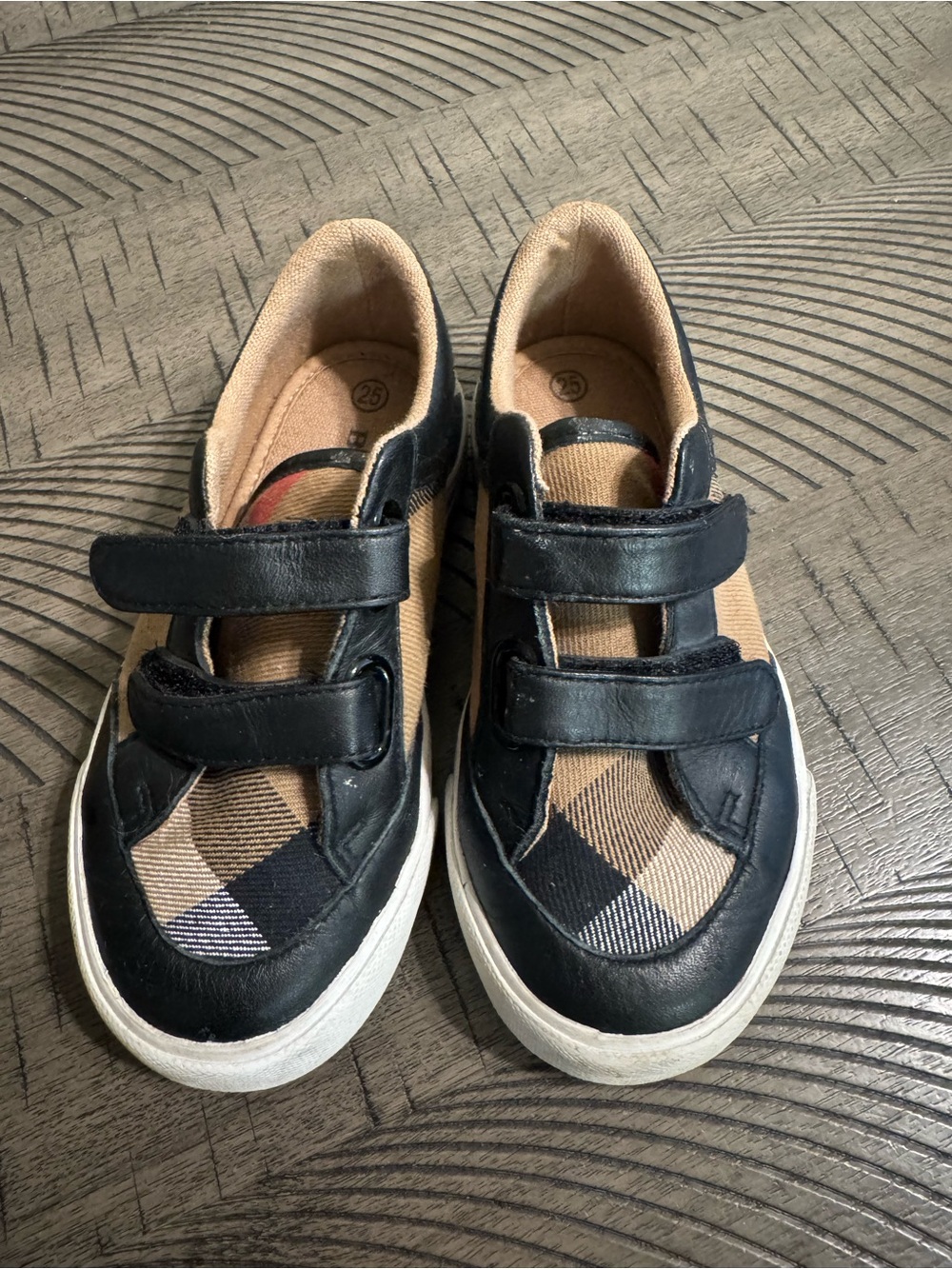 Burberry Black and Tan Plaid Kids Velcro Sneakers